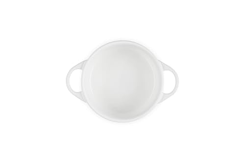 Le Creuset mini round cocotte white glaze close-up nonporous surface