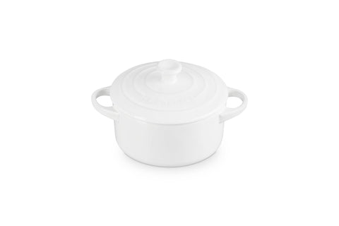 Le Creuset mini round cocotte white top view showing even heat distribution