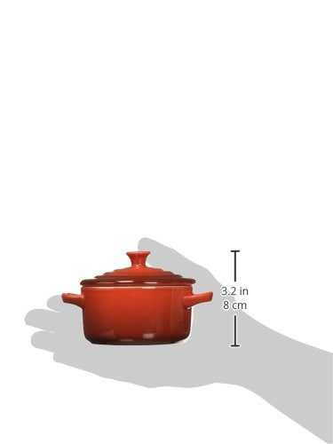 Le Creuset mini round cocotte cerise, color glaze resists stains and flavor absorption during serving.