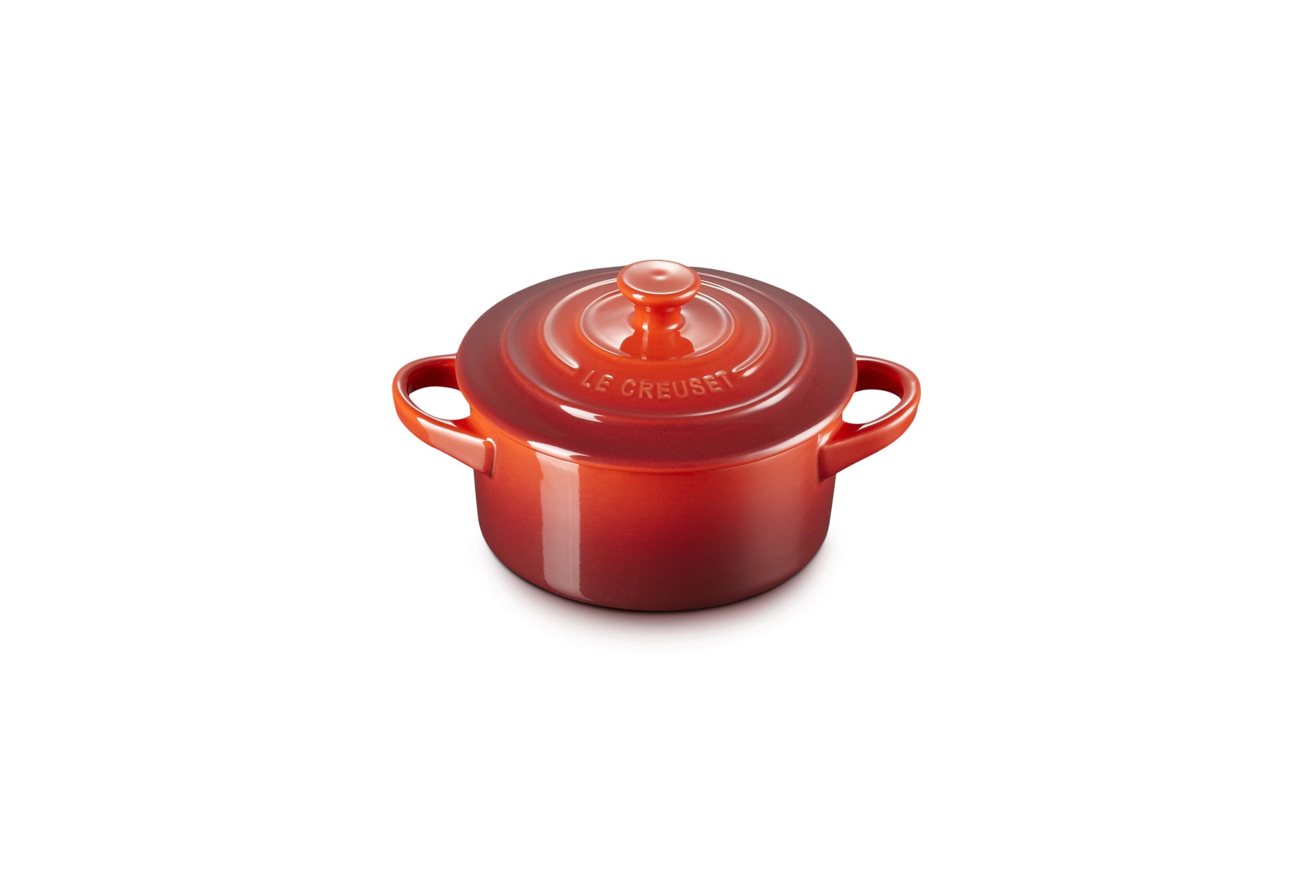 Le Creuset mini round cocotte cerise, top view ideal for individual portions and elegant table presentation.
