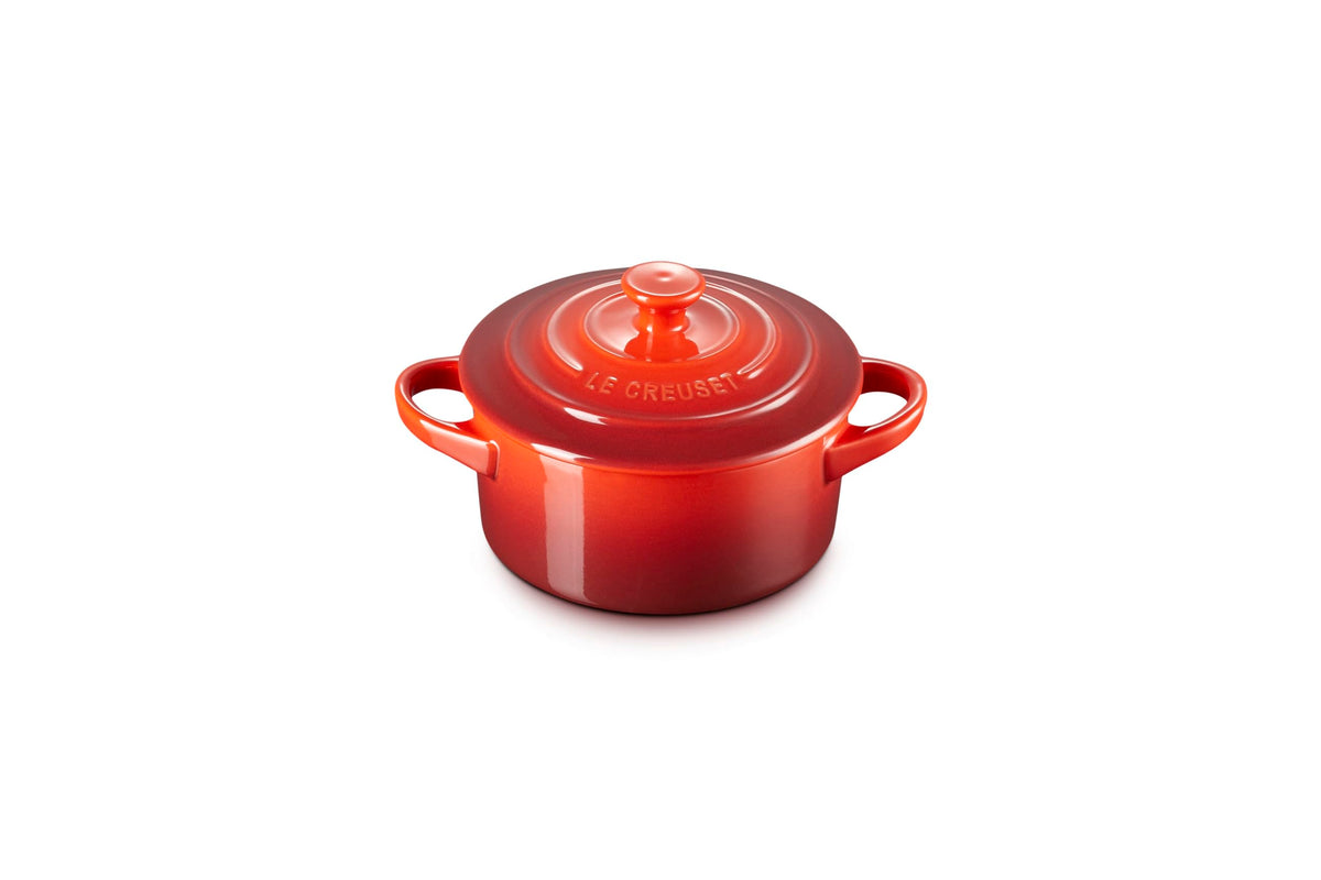 Le Creuset mini round cocotte cerise, top view ideal for individual portions and elegant table presentation.