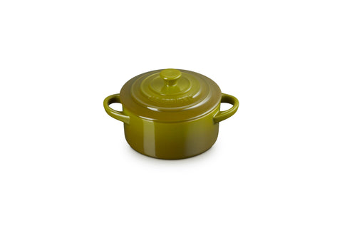 Le Creuset Olive Mini Cocotte close-up glaze resists stains and flavor absorption.