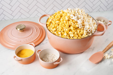 Cobbler, gratin, and pot pie ready in Le Creuset mini cocotte Peche.