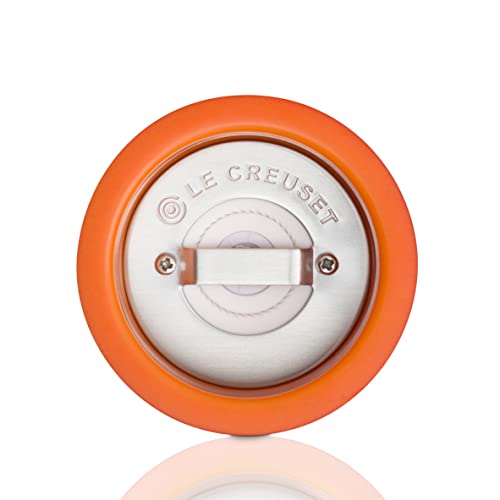 Le Creuset pepper mill 8in height on counter highlights flame finish in a stylish kitchen.