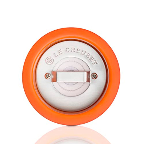 Le Creuset pepper mill 8in height on counter highlights flame finish in a stylish kitchen.