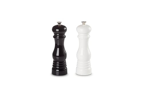 Le Creuset pepper mill 8in white with adjustable knob for grind control.