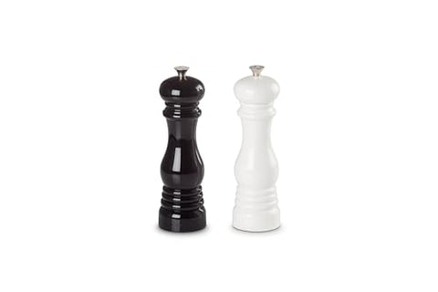 Le Creuset pepper mill 8in white with adjustable knob for grind control.