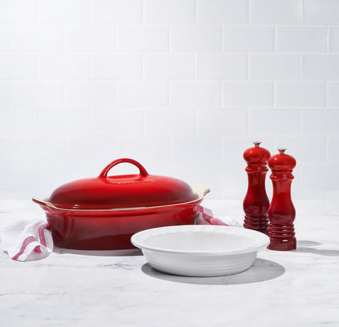 Cerise enamel finish on Le Creuset pepper mill complements kitchen decor