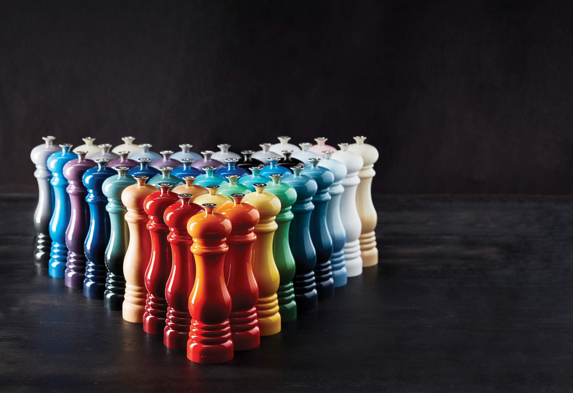 Le Creuset pepper mill fill-cap open for easy refilling with peppercorns