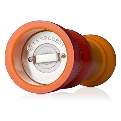 Le Creuset pepper mill flame finish in a bright kitchen scene complements decor.