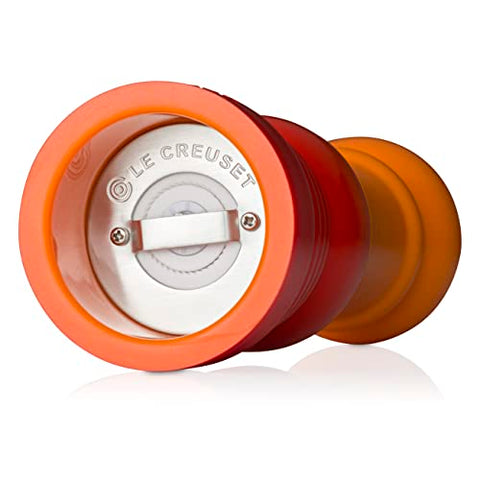 Le Creuset pepper mill flame finish in a bright kitchen scene complements decor.
