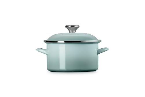 Le Creuset enamel closeup on Sea Salt stockpot reveals non-reactive coating.