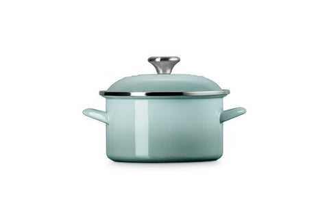 Le Creuset enamel closeup on Sea Salt stockpot reveals non-reactive coating.
