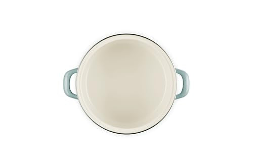 Le Creuset petite stockpot Sea Salt with lid on emphasizes secure seal and heat retention.