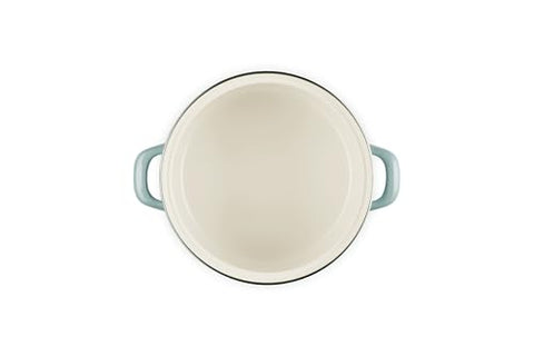 Le Creuset petite stockpot Sea Salt with lid on emphasizes secure seal and heat retention.