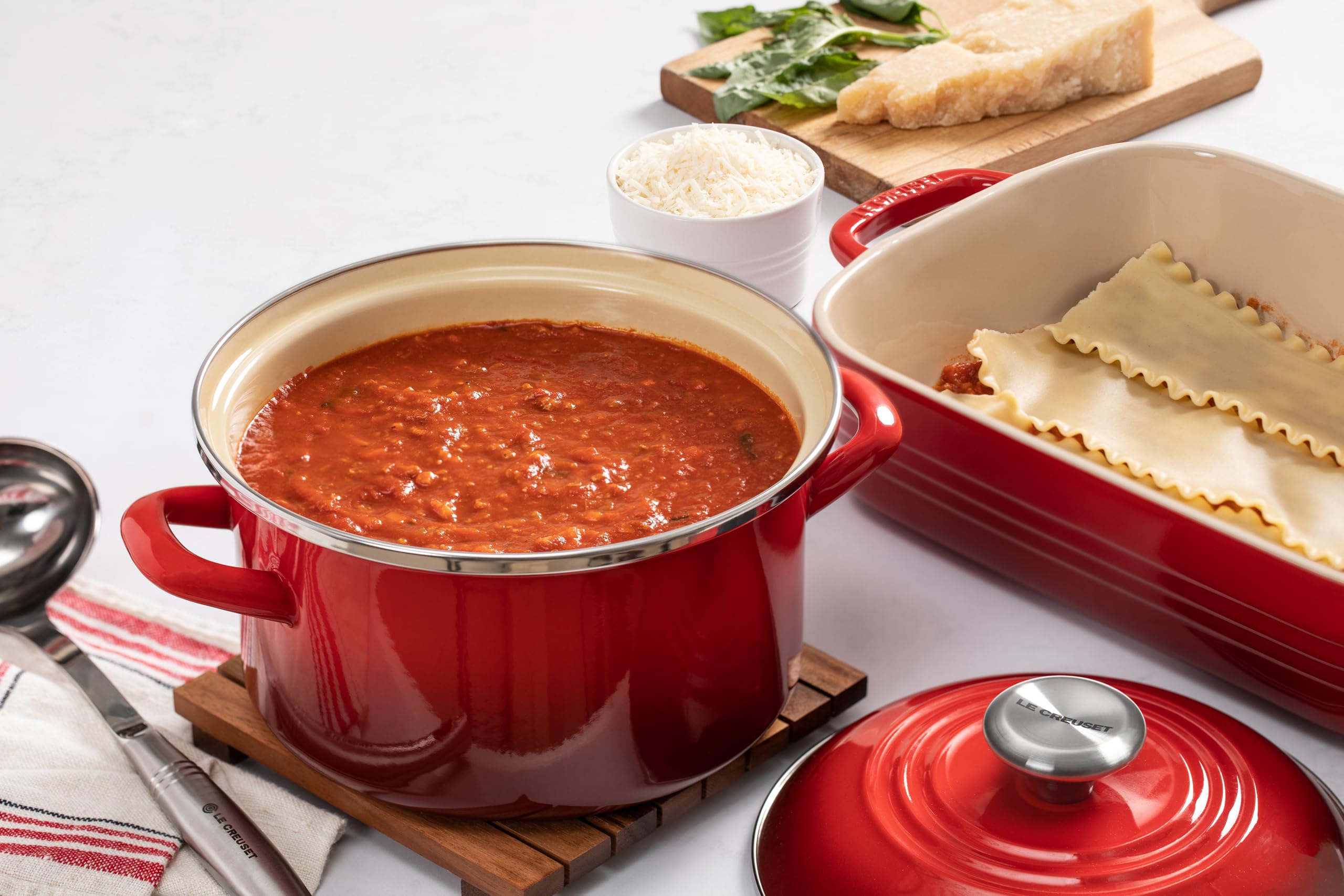 Le Creuset Sea Salt stockpot rim detail signals durable chipping resistance.