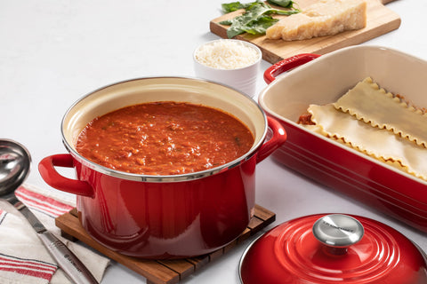 Le Creuset Sea Salt stockpot rim detail signals durable chipping resistance.