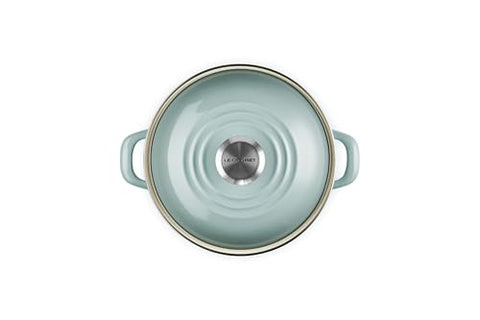 Le Creuset petite stockpot Sea Salt side-angle shows lightweight design and versatility.