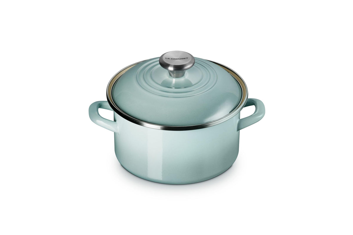 Le Creuset petite stockpot Sea Salt top view highlights quick heating and even simmering.