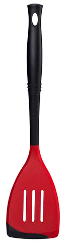 Le Creuset Revolution bi-material spatula front view shows durable nylon core and heat-resistant silicone edge.