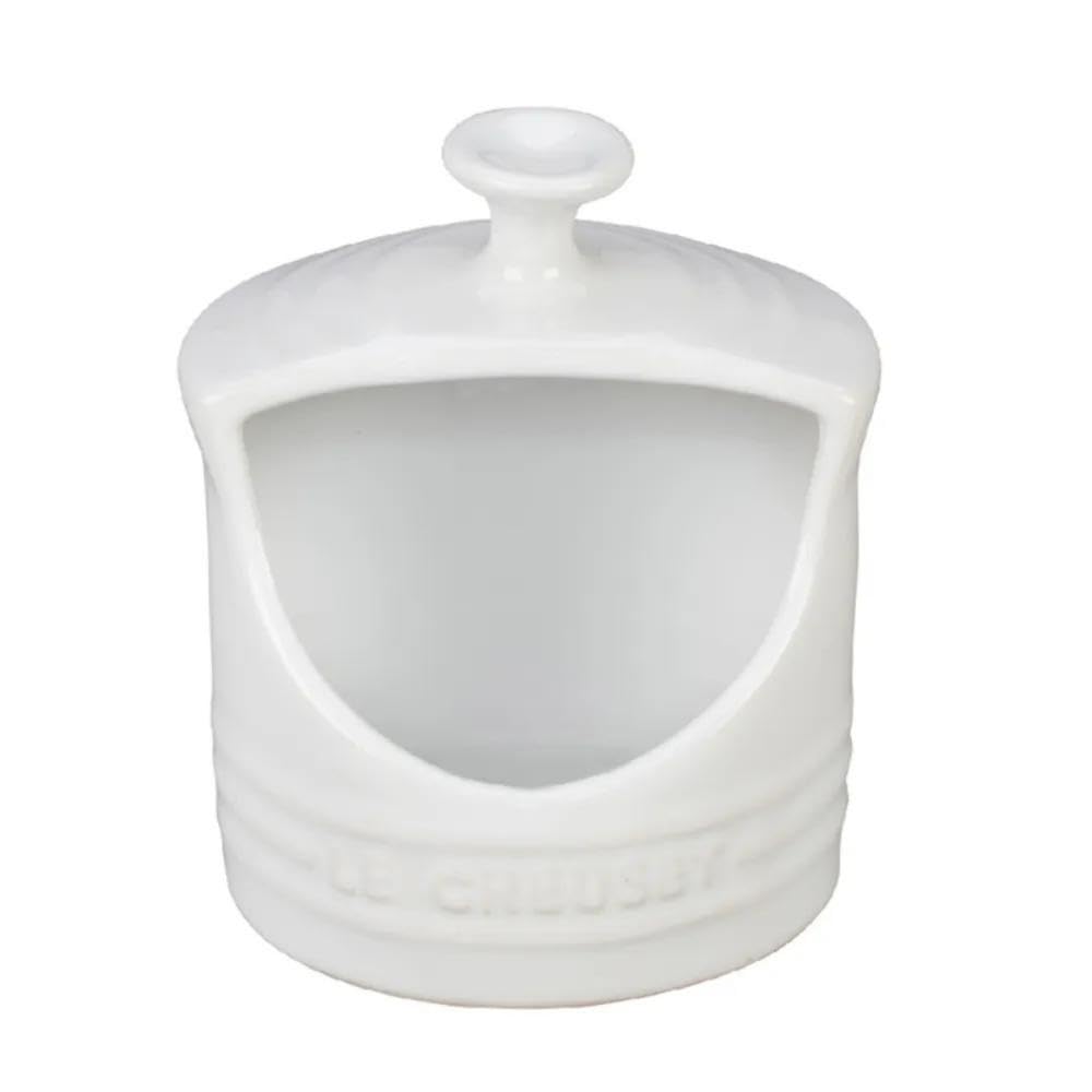Le Creuset salt crock in white with easy side access for salt