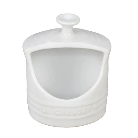 Le Creuset salt crock in white with easy side access for salt