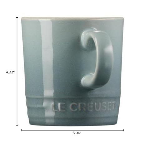 Le Creuset Sea Salt mug on kitchen shelf adds color to decor.