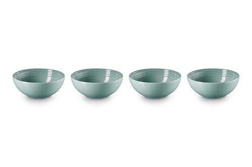 Le Creuset Vancouver Sea Salt bowls stacked, showcasing durable glaze and even color.