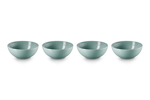 Le Creuset Vancouver Sea Salt bowls stacked, showcasing durable glaze and even color.