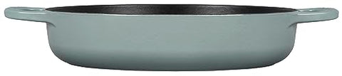 Le Creuset satin interior enamel develops patina to support browning.
