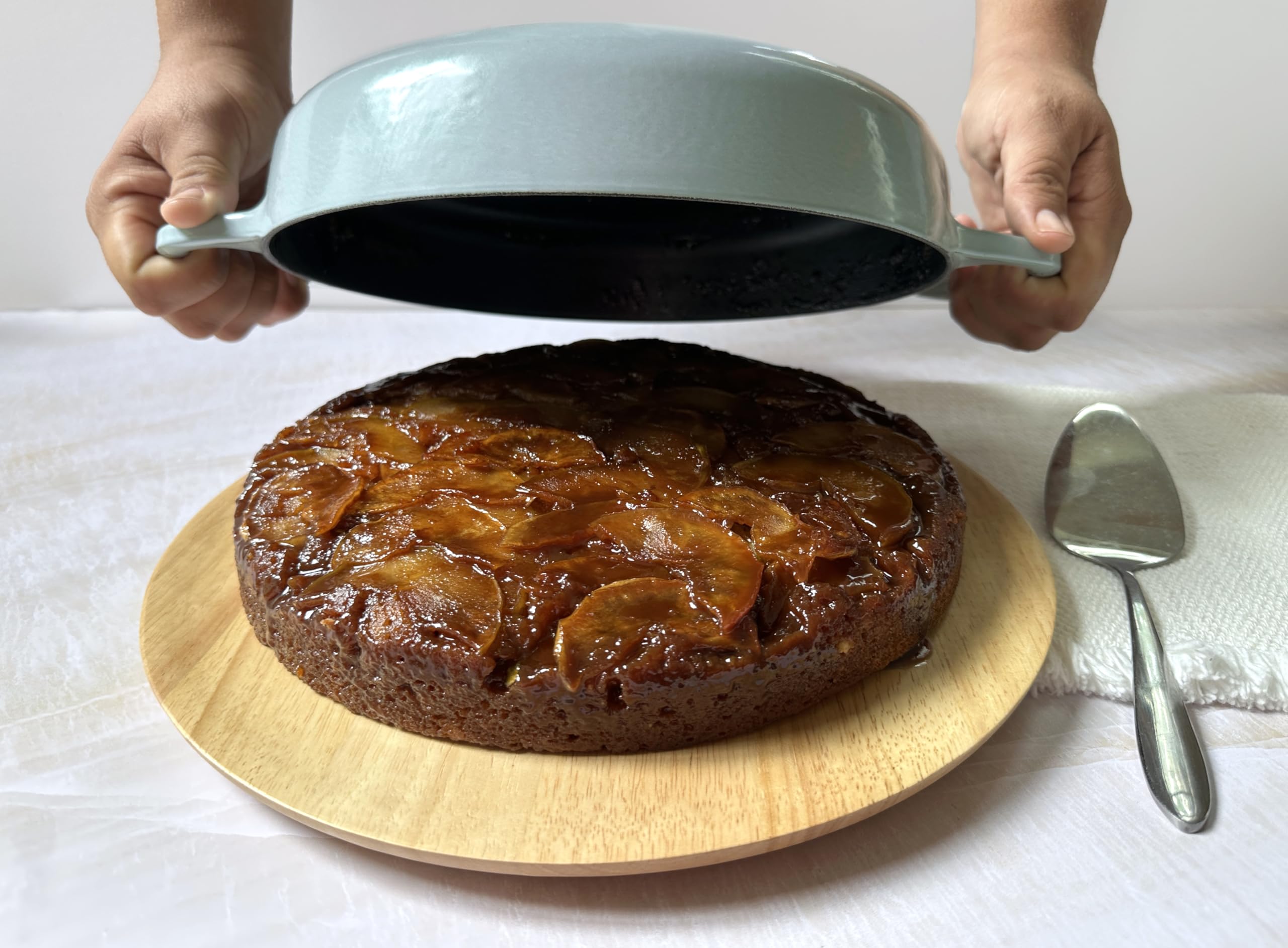 Le Creuset pan designed for stove to oven transfer and table use.