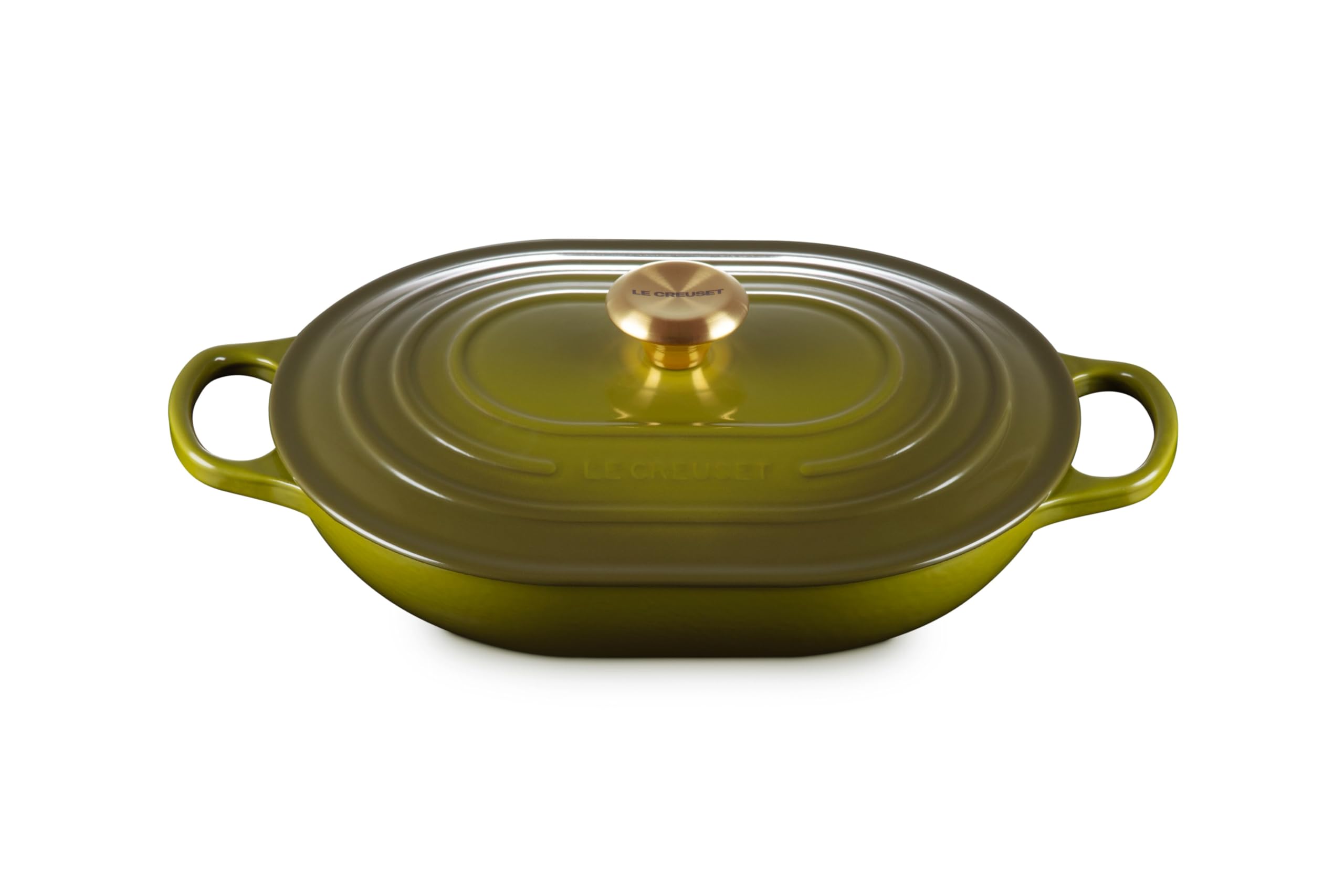 Le Creuset Signature oval casserole in olive ready for use with even heat distribution.
