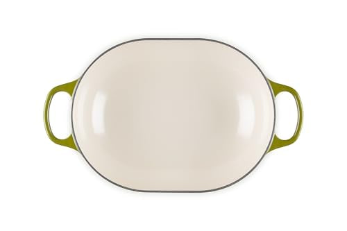 Inside view of Le Creuset olive casserole showing light interior for monitoring.