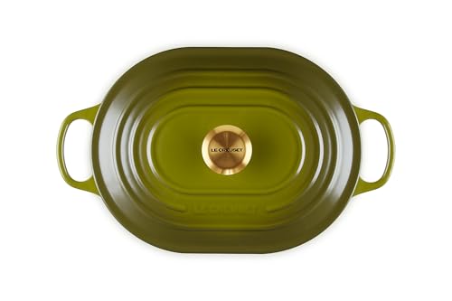 Le Creuset olive oval casserole with lid on for moisture-rich roasts.