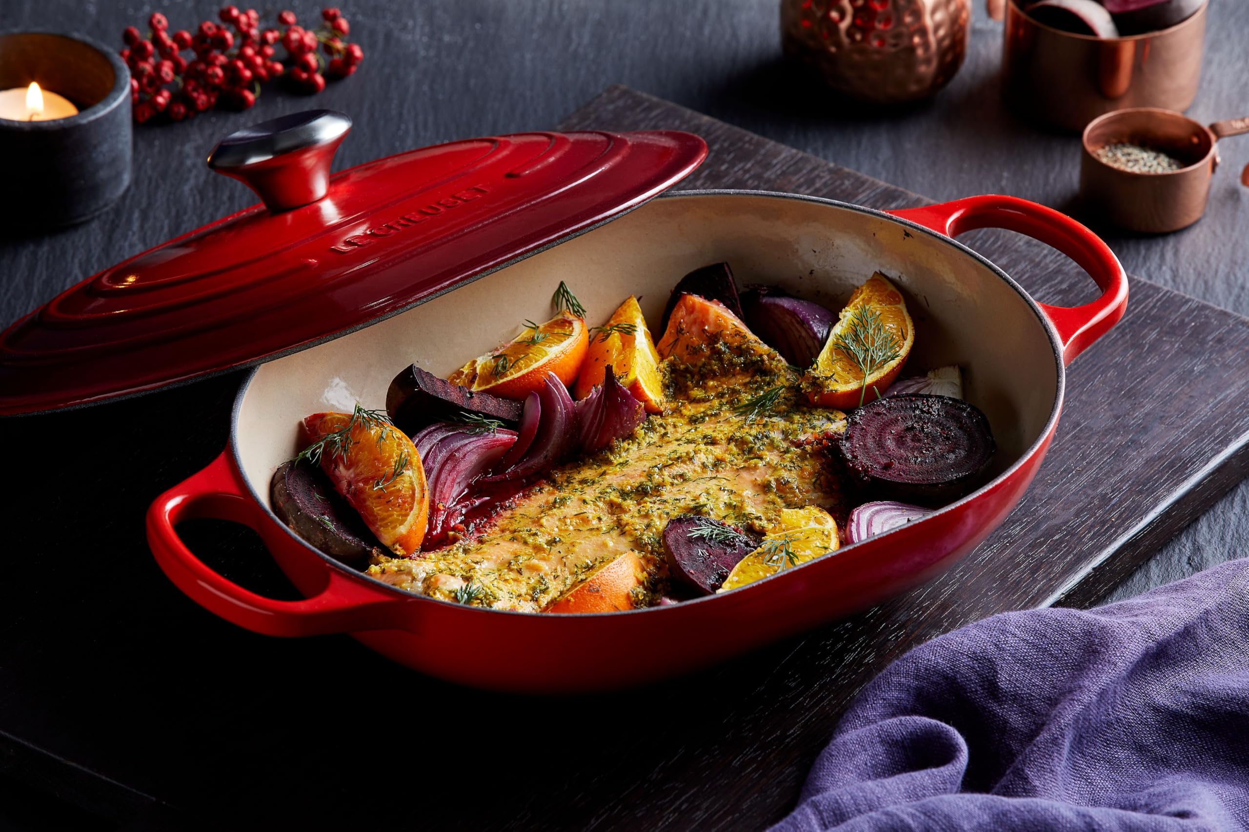 Lid-on roasts become tender and flavorful, then transition to the table.