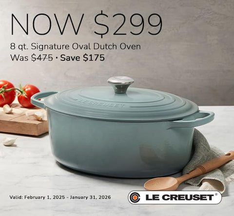 Le Creuset Signature Oval Dutch Oven 8 qt Shallot, compatible with all cooktops up to 500°F.