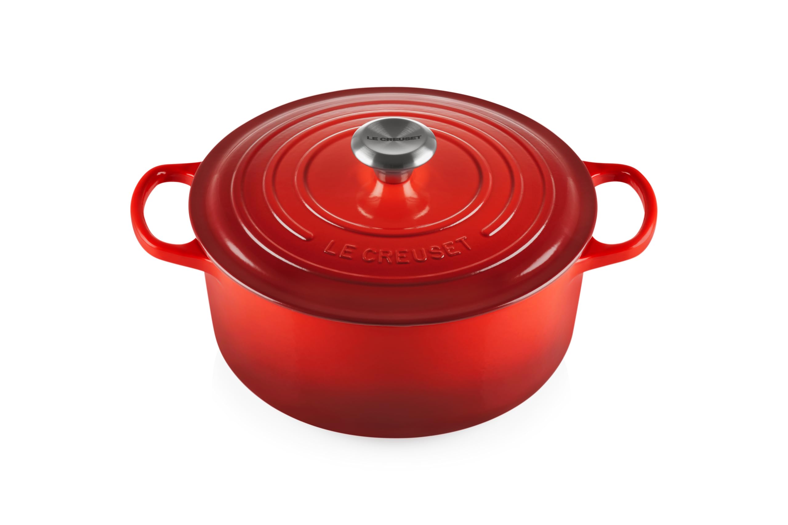 Le Creuset Signature Round Dutch Oven Cerise, 5.5 qt, delivers even heat for braises.