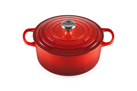 Le Creuset Signature Round Dutch Oven Cerise, 5.5 qt, delivers even heat for braises.