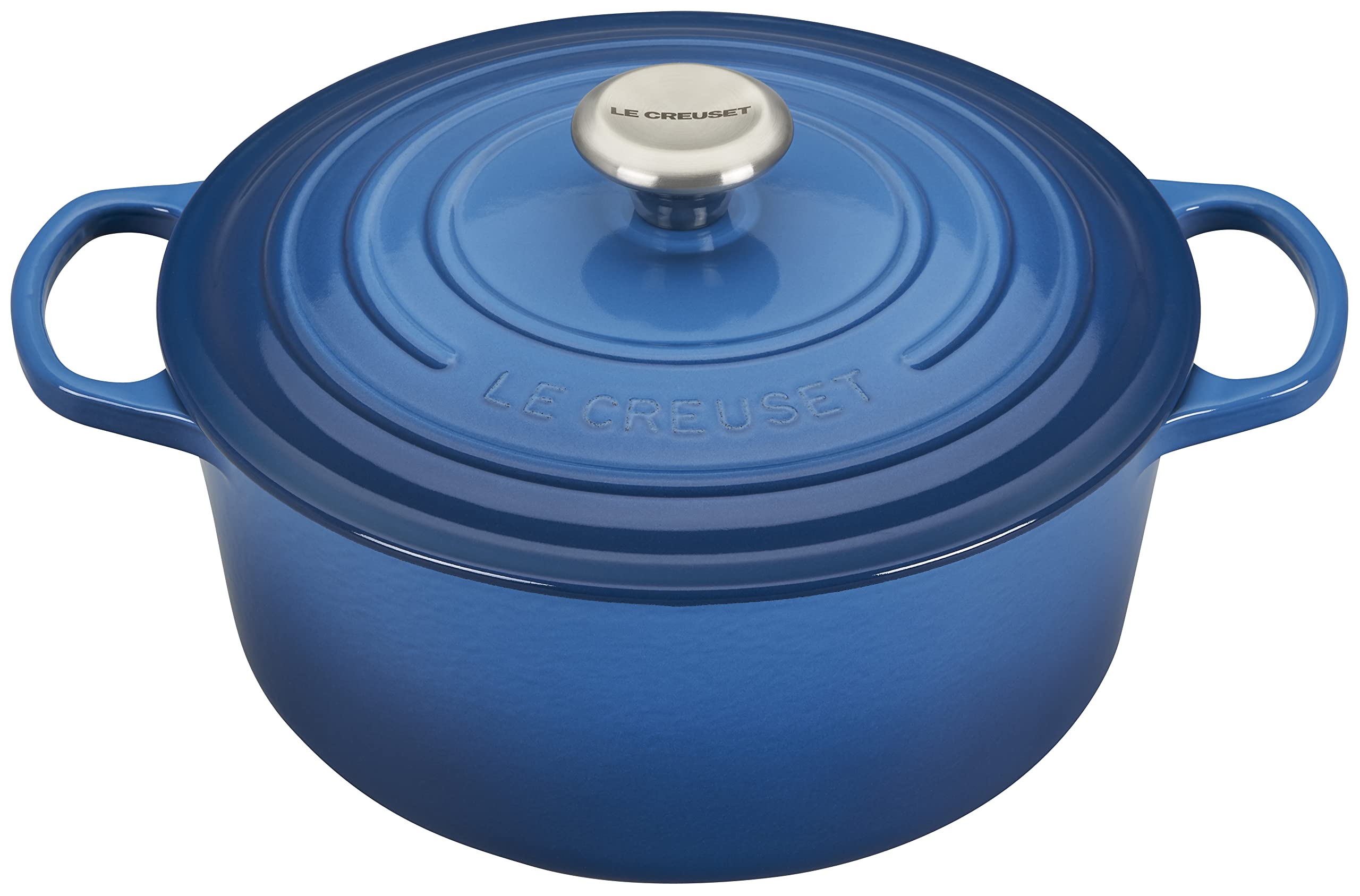 Le Creuset Signature Round Dutch Oven front view shows durable cast iron for even heat.