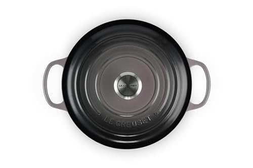 Le Creuset Signature interior light highlights cooking progress inside the oyster Dutch oven.