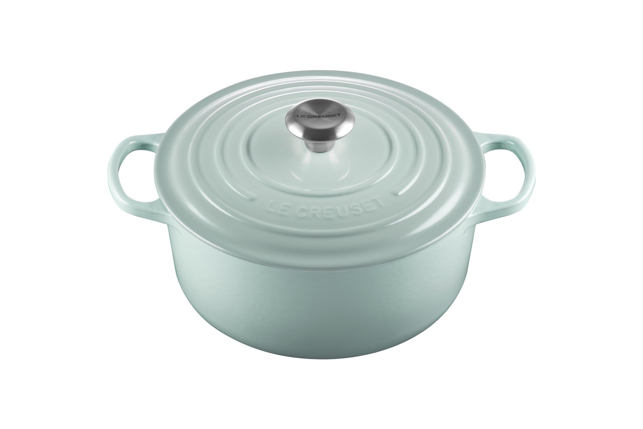 Le Creuset Signature Round Dutch Oven Sea Salt exterior view with durable enamel finish.