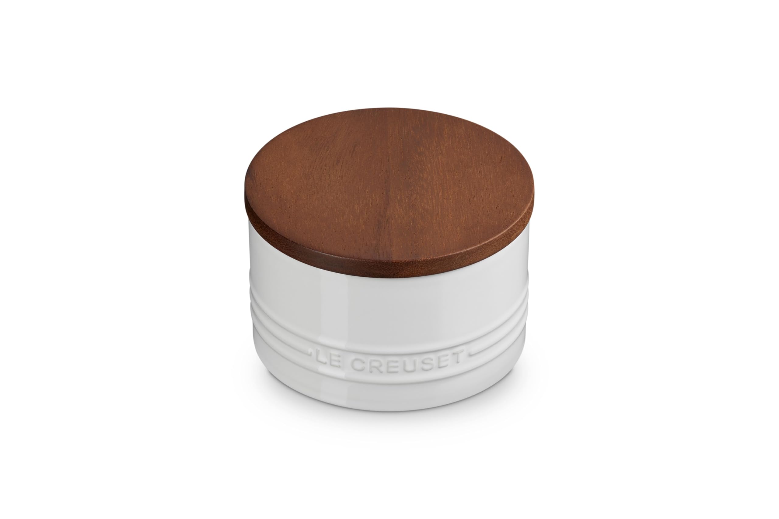 Le Creuset Signature salt cellar 16oz white on display keeps kitchen staples fresh and stylish.
