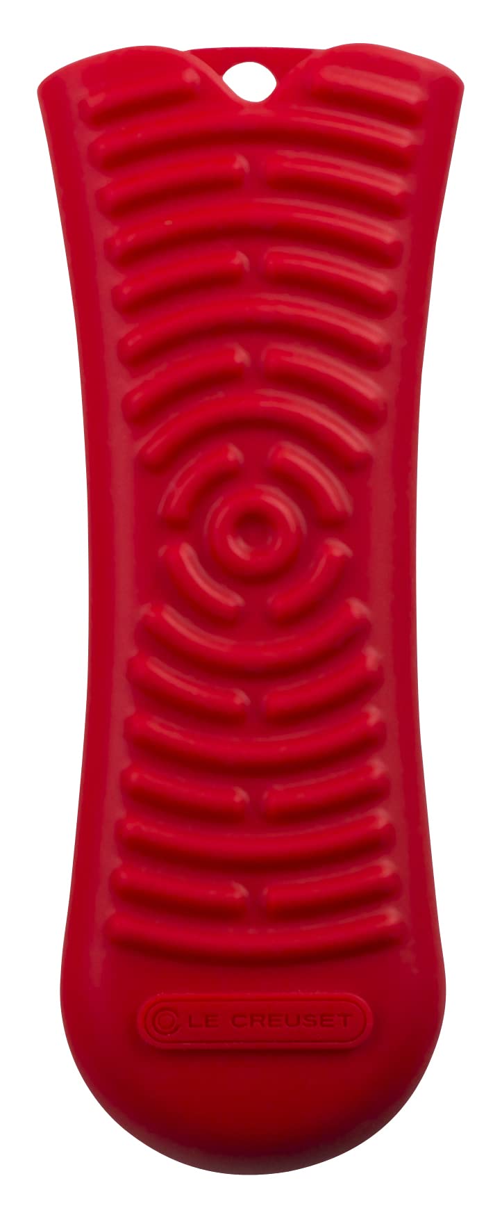 Le Creuset Cerise silicone cool tool handle sleeve provides secure grip on hot cookware