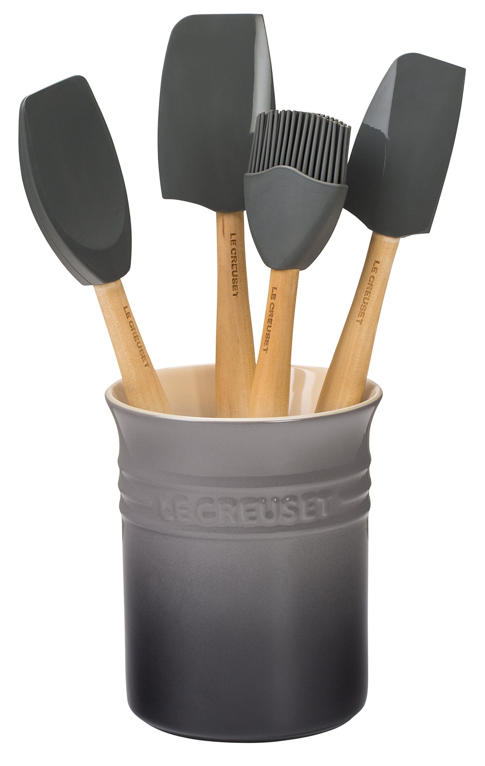 Le Creuset silicone Craft Series spatulas with stoneware crock for organized prep.