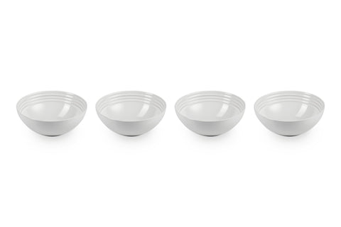 Le Creuset soup bowls 22oz white set of four on a table for entertaining meals.