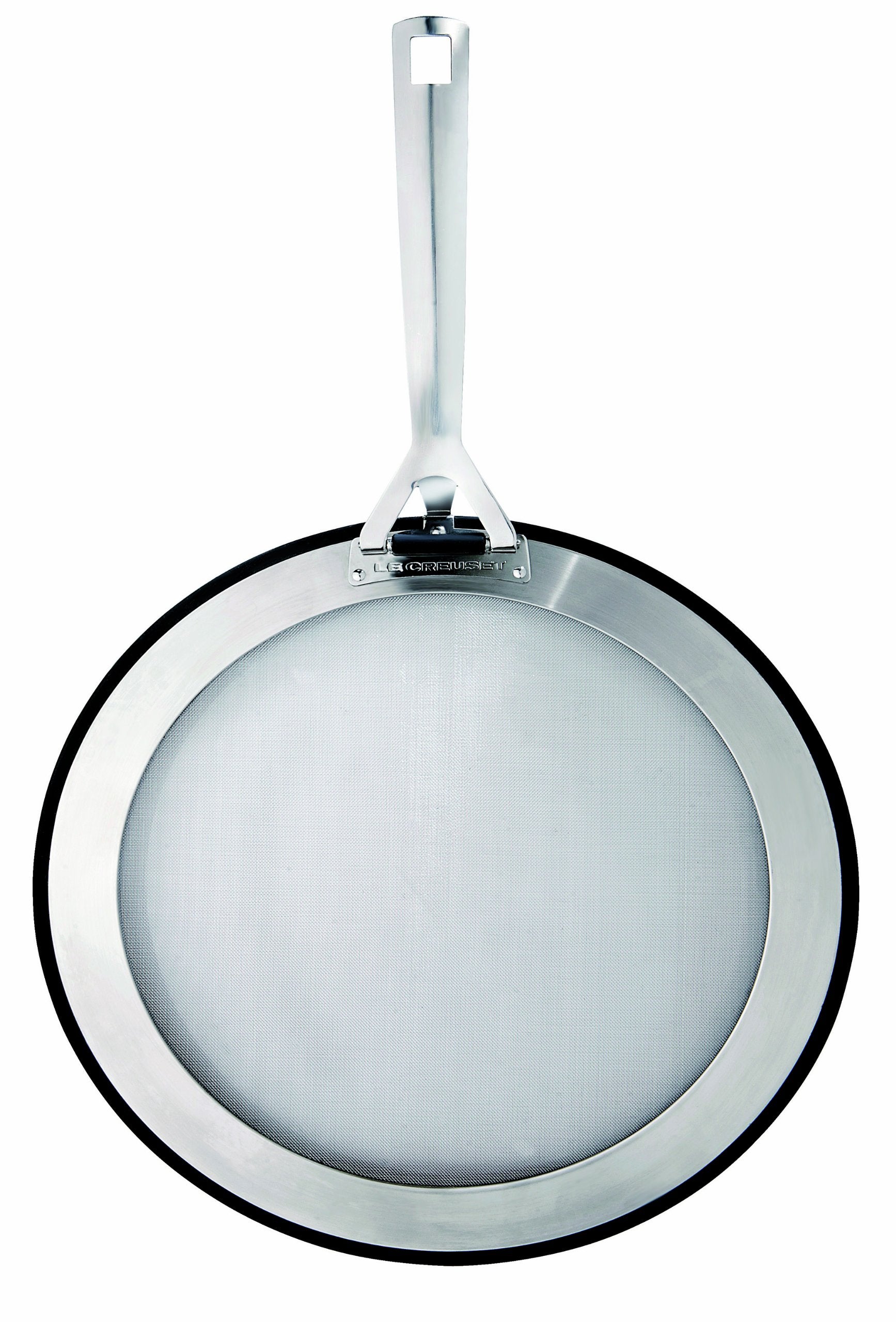 Le Creuset splatter guard with mesh screen keeps frying foods crisp while venting steam.