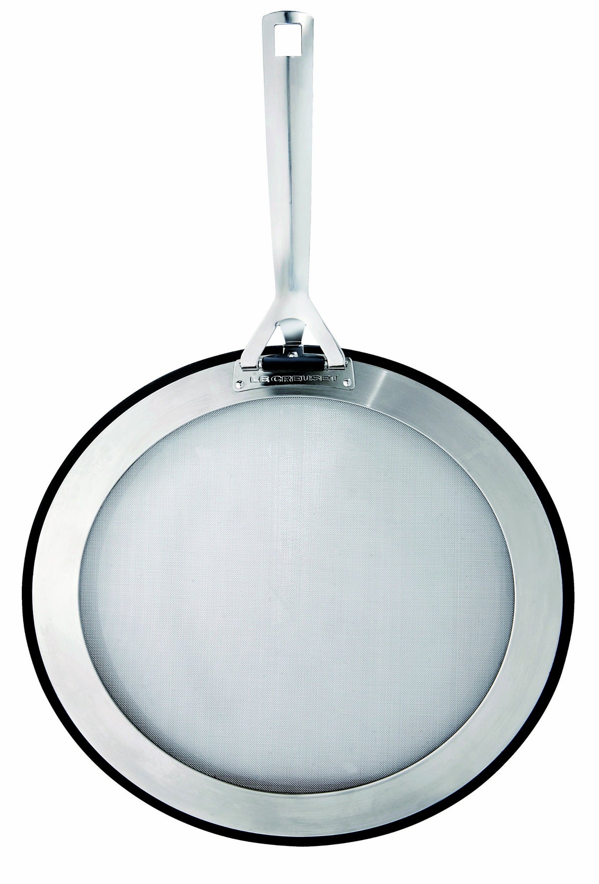 Le Creuset splatter guard with mesh screen keeps frying foods crisp while venting steam.
