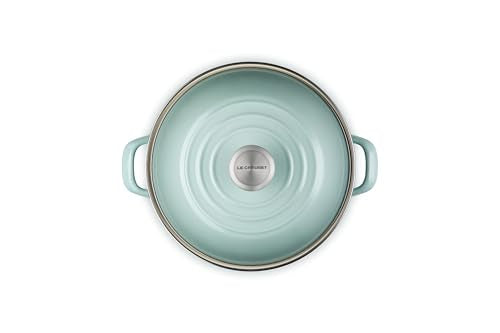 Le Creuset stockpot with stainless steel rim to protect the top edge