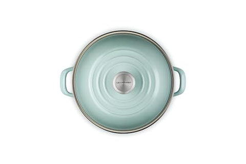 Le Creuset stockpot with stainless steel rim to protect the top edge