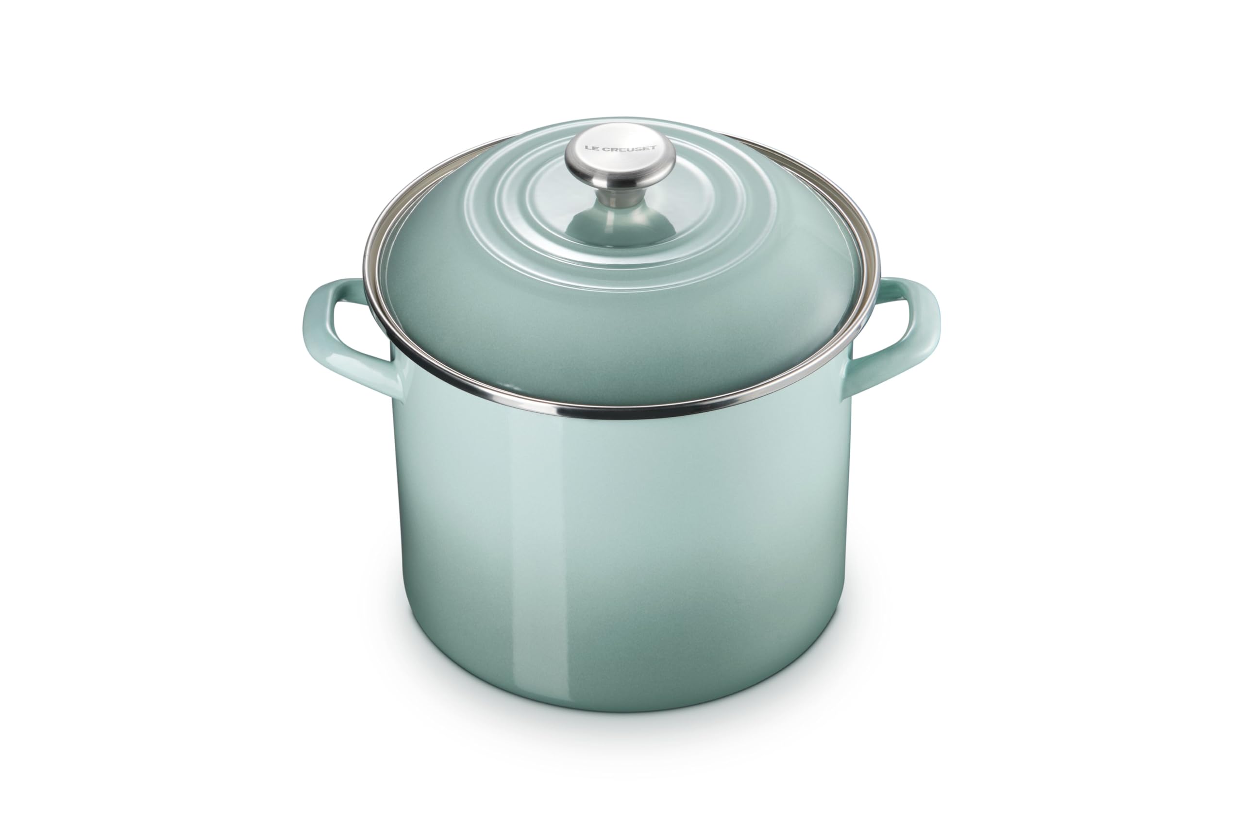 Le Creuset 10 qt stockpot in Sea Salt heats quickly for soups and stocks